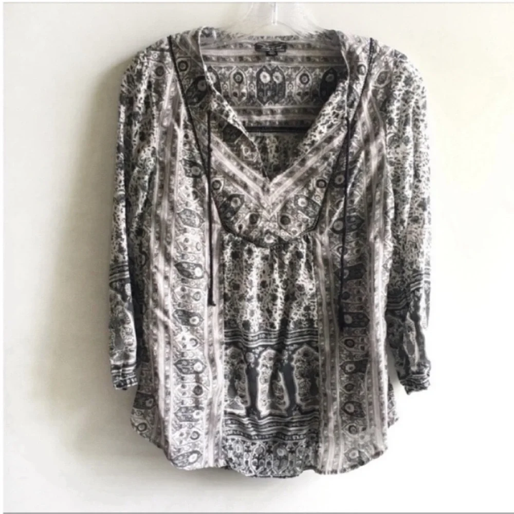 Lucky Brand shirt black white peasant boho tie - Picture 1 of 8